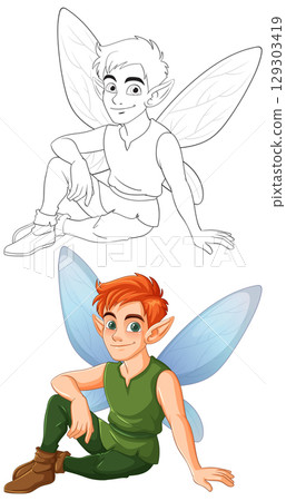 Charming Fairy with Blue Wings and Red Hair 129303419