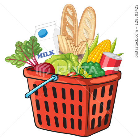Grocery Basket Filled With Fresh Food and Produce 129303425