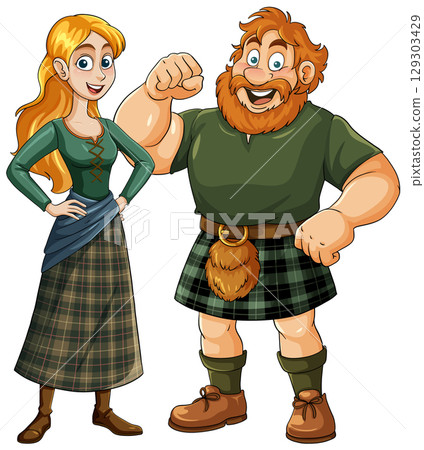 Cartoon Scottish Man and Woman in Traditional Attire 129303429