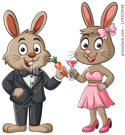 Cartoon Rabbits Dressed for a Fancy Party Toast 129303446
