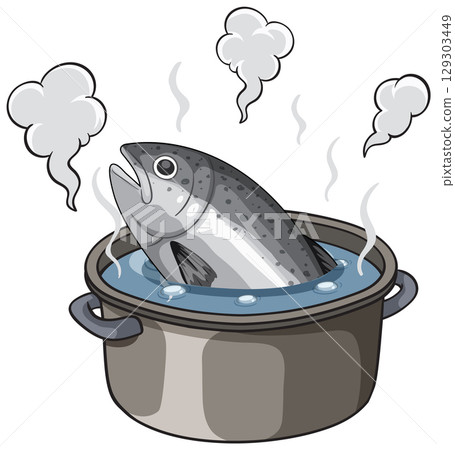 Whole Fish Boiling in Steaming Cooking Pot Illustration Whole Fish Boiling in Steaming Cooking Pot Illustration 129303449