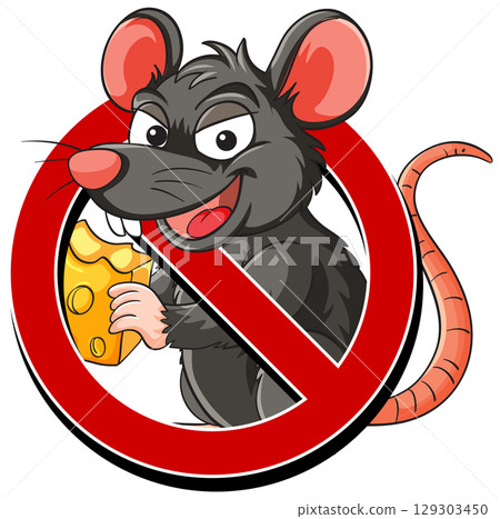 Cartoon Rat With Cheese Behind Prohibition Symbol Cartoon Rat With Cheese Behind Prohibition Symbol 129303450