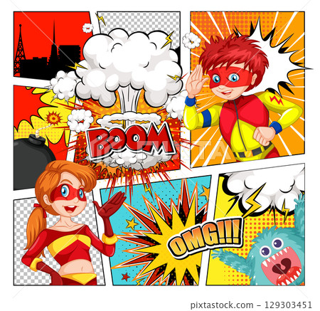 Comic Style Superheroes Battling Monster with Explosions Comic Style Superheroes Battling Monster with Explosions 129303451