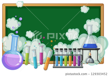 Colorful Chemistry Lab Equipment with Blackboard Background Colorful Chemistry Lab Equipment with Blackboard Background 129303452