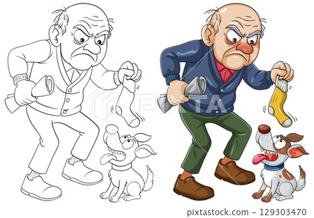 Angry Elderly Man Scolding Dog for Chewing Sock Angry Elderly Man Scolding Dog for Chewing Sock 129303470