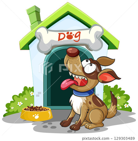 Cartoon Dog Sitting Happily Outside Doghouse Cartoon Dog Sitting Happily Outside Doghouse 129303489