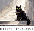 A striking illustration of light and shadow depicting a long-haired black cat sitting quietly on a white outdoor staircase 129303491