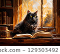 Classic illustration of a long-haired black cat resting on a book by a window in an old library 129303492