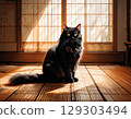 An illustration of a long-haired black cat sitting quietly in a Japanese-style room bathed in light through a shoji screen 129303494