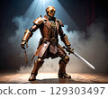 Steampunk-style wooden swordsman robot and smoke effects on stage 129303497