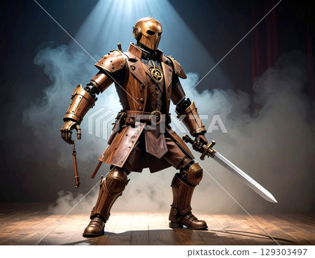 舞台上的蒸氣龐克風格木製劍客機器人和煙霧效果 舞台上的蒸氣龐克風格木製劍客機器人和煙霧效果 129303497