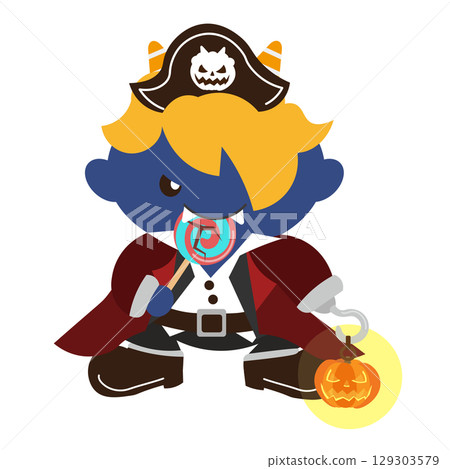 Illustration of a blue demon dressed as a pirate eating candy while sitting in a Yankee position Illustration of a blue demon dressed as a pirate eating candy while sitting in a Yankee position 129303579