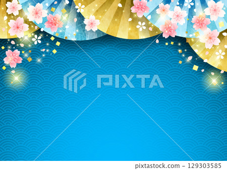 Japanese style background of cherry blossoms on a folding fan, horizontal, blue, cute, illustration, Seigaiha 129303585