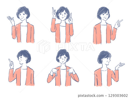 Set of senior women pointing in various directions 129303602