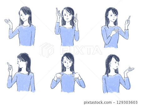 一群年輕女子指向不同的方向 一群年輕女子指向不同的方向 129303603