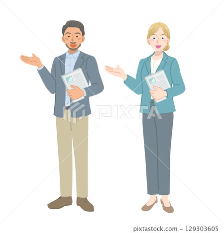 Foreign men and women in suits holding documents and giving guidance Foreign men and women in suits holding documents and giving guidance 129303605
