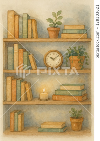 Watercolor style calligraphy book bonsai candlestick art painting 129303621