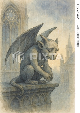 雨中悲情石像妖畫|戈爾德風格建築孤獨守護者水彩畫 雨中悲情石像妖畫|戈爾德風格建築孤獨守護者水彩畫 129303623