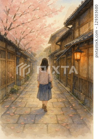 櫻花街遊女背景圖 | 日式公路春日水彩風景場景 129303680