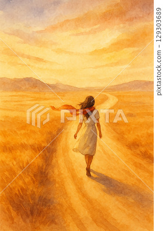 夕陽下的女人村巷｜溫暖的水彩畫風景畫 129303689