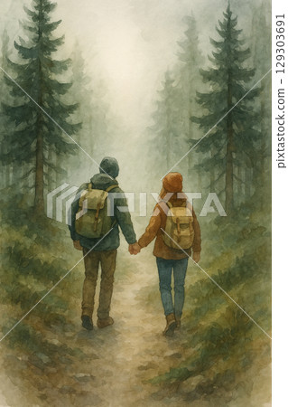 霧中森林漫步的戀人 | 浪漫自然水彩畫風景 129303691