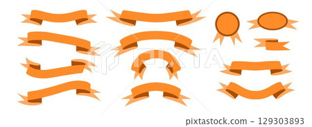 Orange ribbon banner set. Wavy and curved ribbons collection for emblem, sticker, advertising, poster, promotion, frame. Vintage label tag element bundle for graphic design template. Vector 129303893
