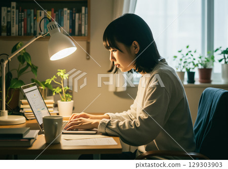 一位專注於遠距工作的年輕女性 129303903