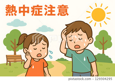 公園裡貼著一張海報,提醒人們要小心中暑。插圖是兩個滿頭大汗的孩子 公園裡貼著一張海報,提醒人們要小心中暑。插圖是兩個滿頭大汗的孩子 129304295