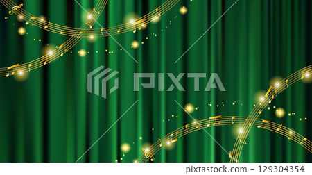 A gorgeous musical background with green curtains and dancing musical notes 129304354