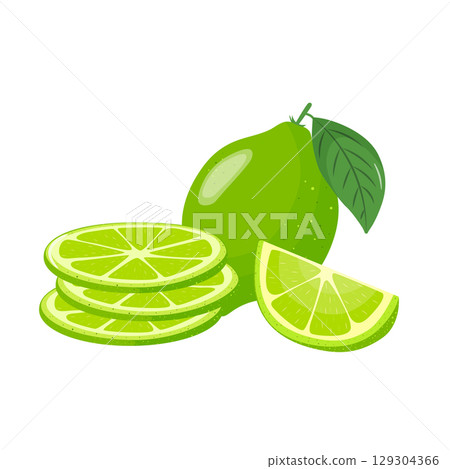 Colorful juicy set of fresh ripe green lime parts, hand drawn. Colorful juicy set of fresh ripe green lime parts, hand drawn. 129304366
