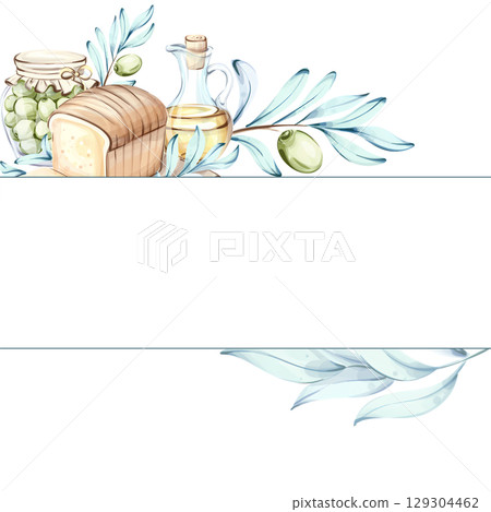 Exploring the beauty of olives and olive oil in vibrant watercolor illustrations of Italian cuisine frame, border, arrangement Exploring the beauty of olives and olive oil in vibrant watercolor illustrations of Italian cuisine frame, border, arrangement 129304462