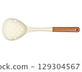 Slotted cooking spoon with cream-colored head and wooden handle, isolated on white background 129304567