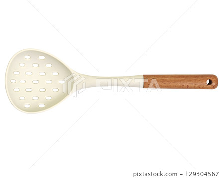 Slotted cooking spoon with cream-colored head and wooden handle, isolated on white background 129304567