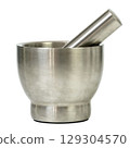 Stainless steel mortar and pestle set isolated on white background 129304570