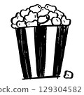 Black and white doodle illustration of a popcorn bucket with striped design. Hand drawn sketch style perfect for movie themed designs, snack concepts, or vintage food illustrations. 129304582