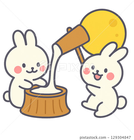 可愛的兔子和滿月搗年糕的插圖 129304847