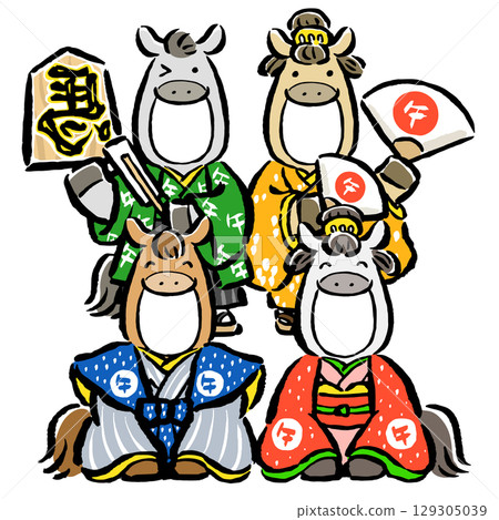 Face-insertion New Year's card material for 4 people - Horses (the zodiac sign of the horse) celebrating the arrival of the Year of the Horse 129305039