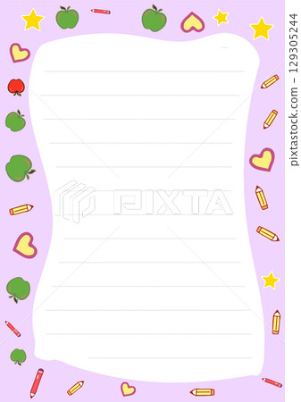 Adorable Stationery Design featuring Apples Pencils Hearts Stars Purple Background Perfect for Notetaking or Letter Writing Adorable Stationery Design featuring Apples Pencils Hearts Stars Purple Background Perfect for Notetaking or Letter Writing 129305244