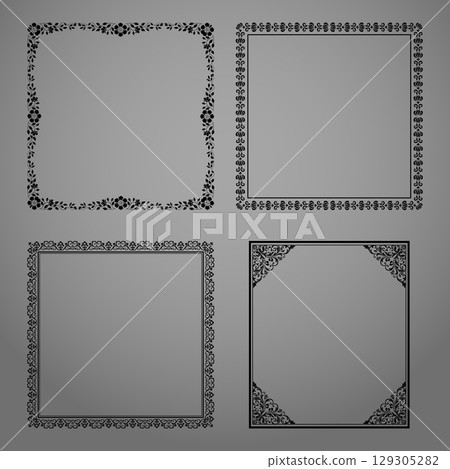 Set of decorative frames Elegant vector element for design in Eastern style, place for text. Floral black and gray borders. Lace illustration for invitations and greeting cards Set of decorative frames Elegant vector element for design in Eastern style, place for text. Floral black and gray borders. Lace illustration for invitations and greeting cards 129305282