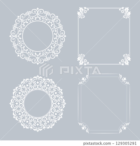 Set of decorative frames Elegant vector element for design in Eastern style, place for text. Floral gray and white borders. Lace illustration for invitations and greeting cards Set of decorative frames Elegant vector element for design in Eastern style, place for text. Floral gray and white borders. Lace illustration for invitations and greeting cards 129305291