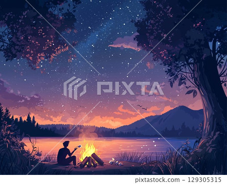 Starry Night Sky Over Calm Lake Surrounded by Nature Starry Night Sky Over Calm Lake Surrounded by Nature 129305315