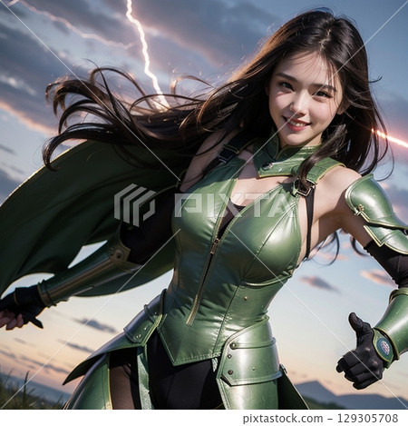 In cosplay costume. 129305708