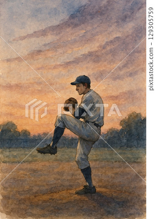 夕陽下的投手|棒球少年投球姿勢水彩畫 夕陽下的投手|棒球少年投球姿勢水彩畫 129305759