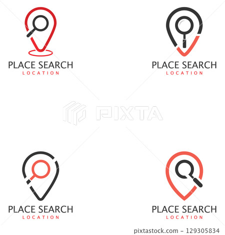 Place search logo - address pointer and loupe or magnifier symbol. Travel agency and location map vector icon 129305834