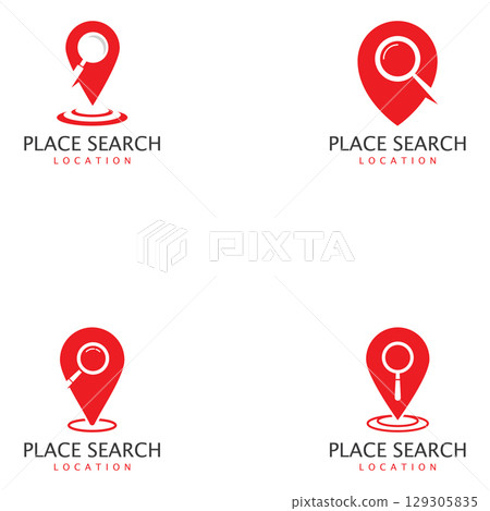 Place search logo - address pointer and loupe or magnifier symbol. Travel agency and location map vector icon 129305835