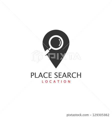 Place search logo - address pointer and loupe or magnifier symbol. Travel agency and location map vector icon Place search logo - address pointer and loupe or magnifier symbol. Travel agency and location map vector icon 129305862