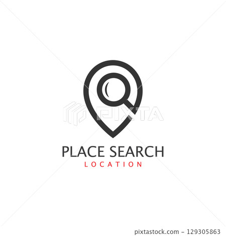 Place search logo - address pointer and loupe or magnifier symbol. Travel agency and location map vector icon 129305863