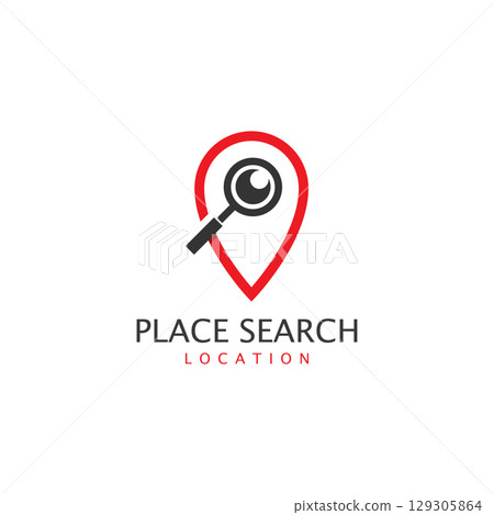 Place search logo - address pointer and loupe or magnifier symbol. Travel agency and location map vector icon Place search logo - address pointer and loupe or magnifier symbol. Travel agency and location map vector icon 129305864