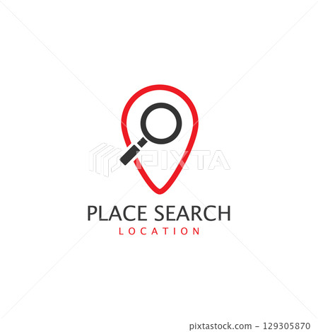 Place search logo - address pointer and loupe or magnifier symbol. Travel agency and location map vector icon Place search logo - address pointer and loupe or magnifier symbol. Travel agency and location map vector icon 129305870
