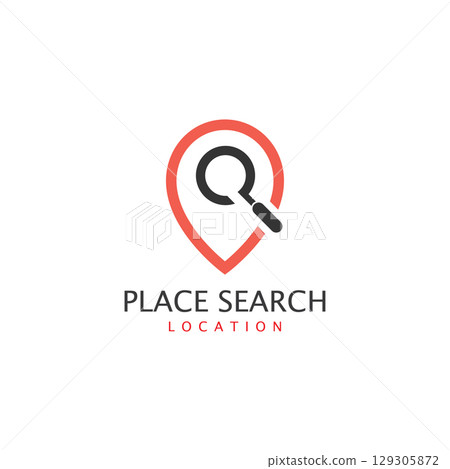 Place search logo - address pointer and loupe or magnifier symbol. Travel agency and location map vector icon 129305872